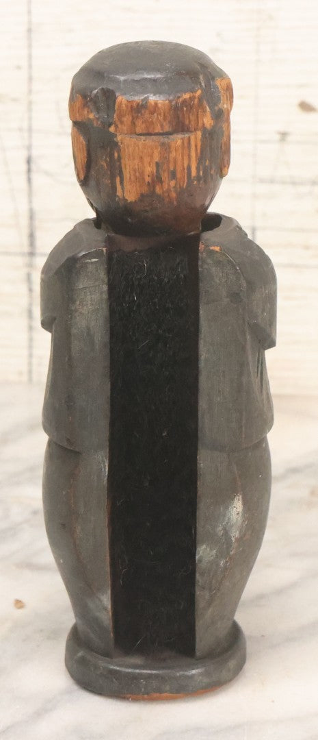 Lot 044 - Antique Folk Art Hand Carved Man In Suit Wooden Statue With Shoeshine Brush Attached To Head, With Original Paint, Note Wear Throughout