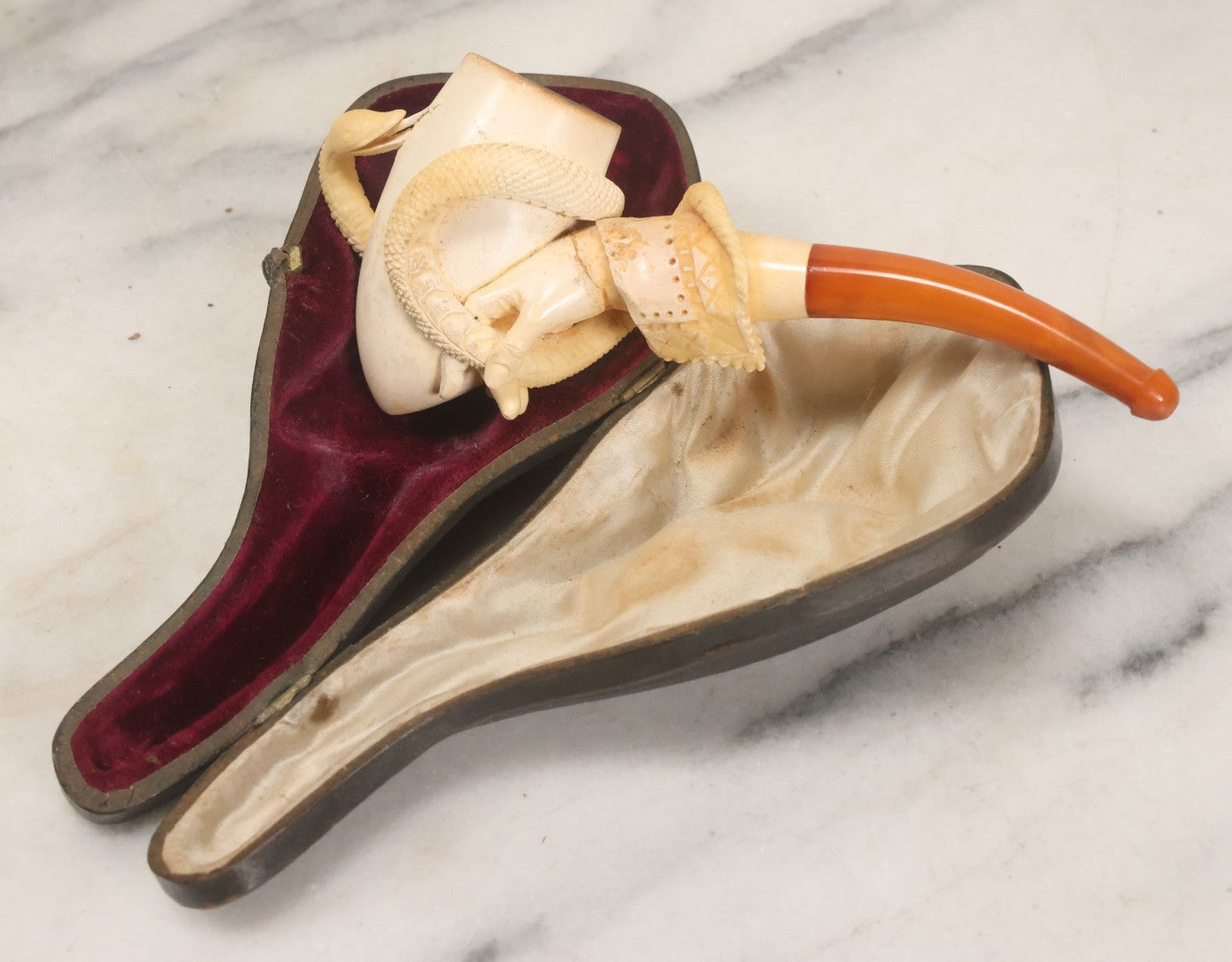 Lot 046 - Vintage Carved Meerschaum Hand Holding Snake Pipe With Stem In Original Case, Note Several Repairs