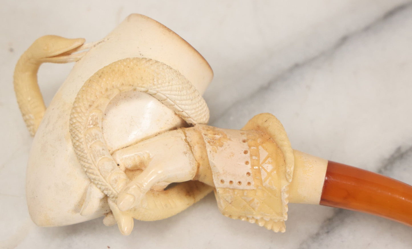 Lot 046 - Vintage Carved Meerschaum Hand Holding Snake Pipe With Stem In Original Case, Note Several Repairs