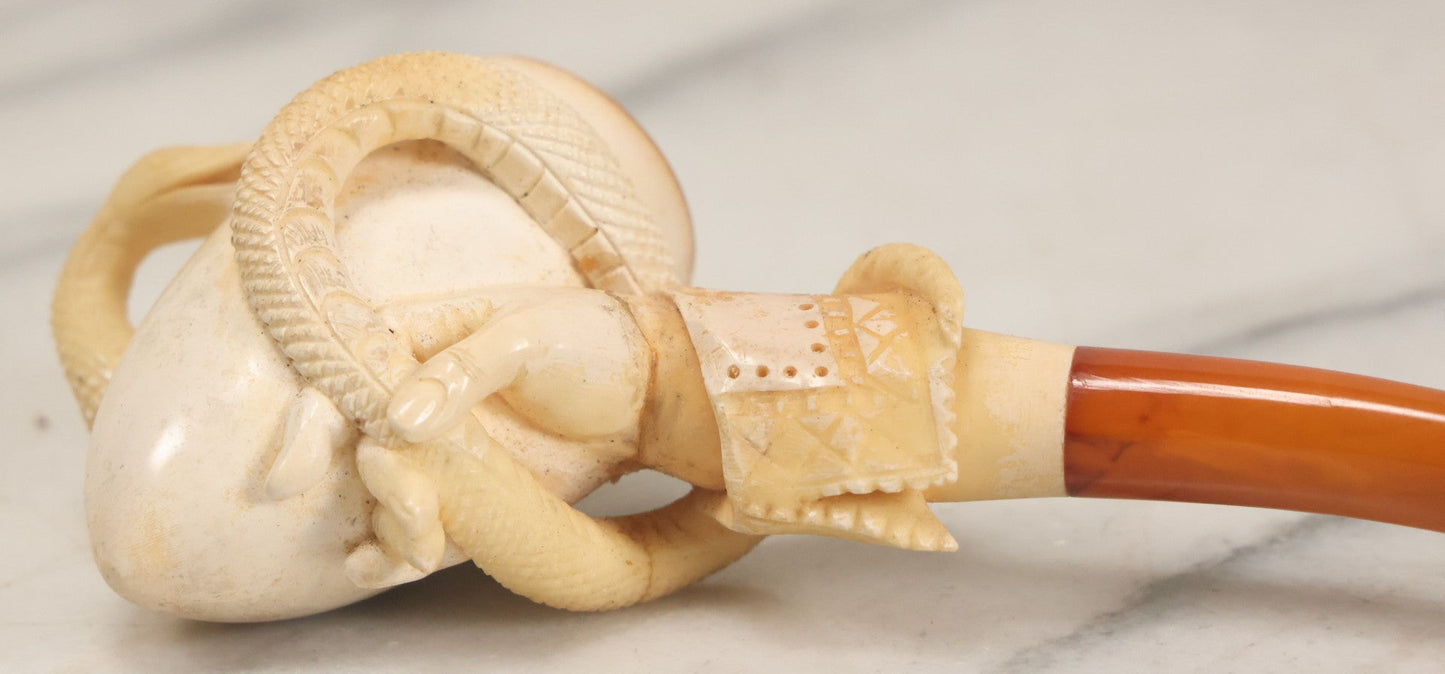 Lot 046 - Vintage Carved Meerschaum Hand Holding Snake Pipe With Stem In Original Case, Note Several Repairs