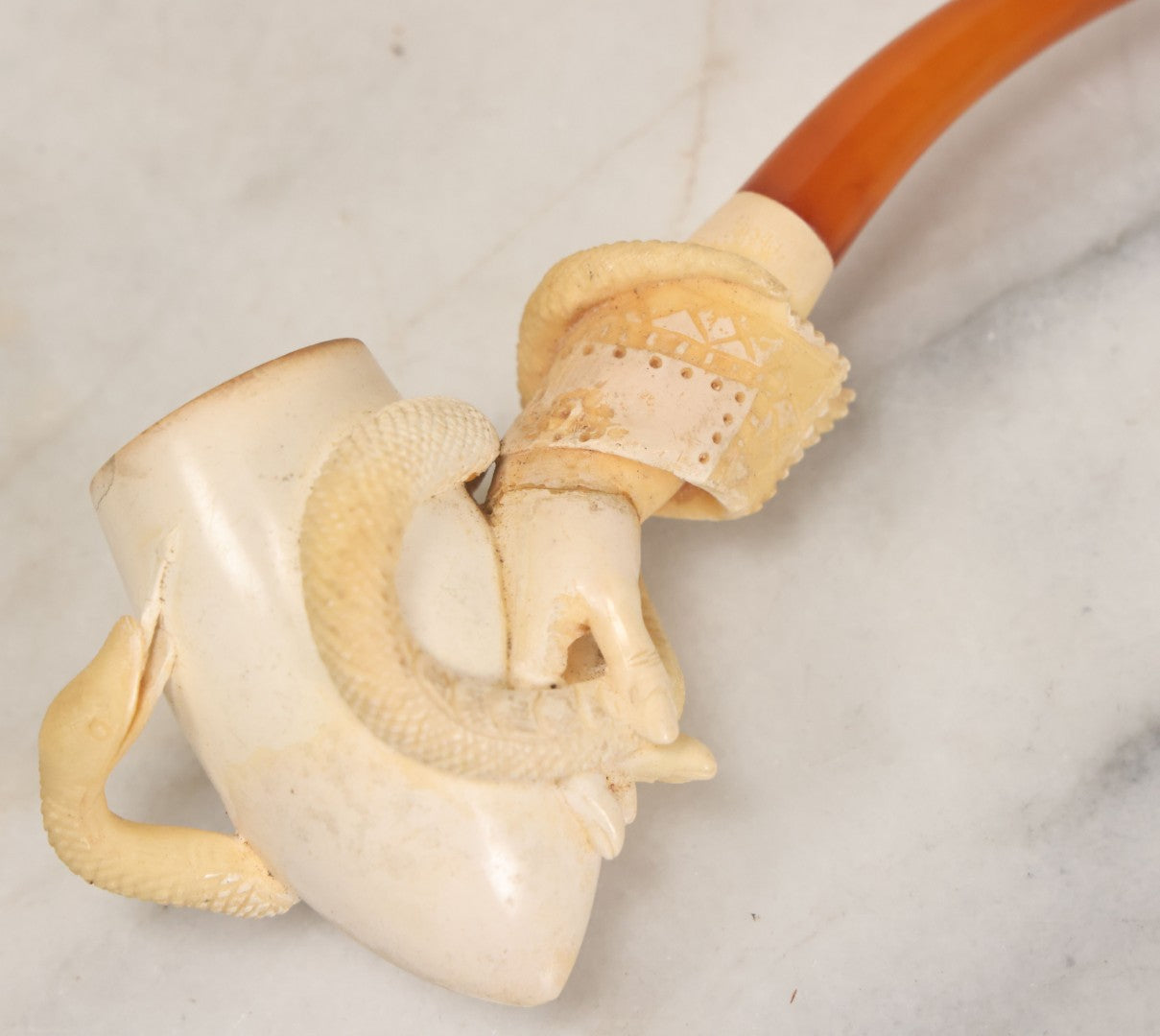 Lot 046 - Vintage Carved Meerschaum Hand Holding Snake Pipe With Stem In Original Case, Note Several Repairs
