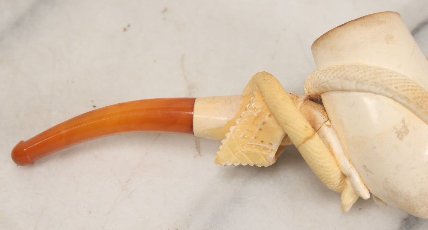 Lot 046 - Vintage Carved Meerschaum Hand Holding Snake Pipe With Stem In Original Case, Note Several Repairs