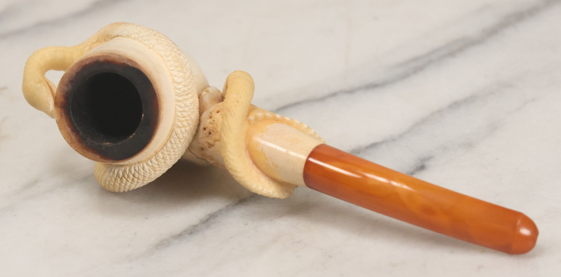 Lot 046 - Vintage Carved Meerschaum Hand Holding Snake Pipe With Stem In Original Case, Note Several Repairs