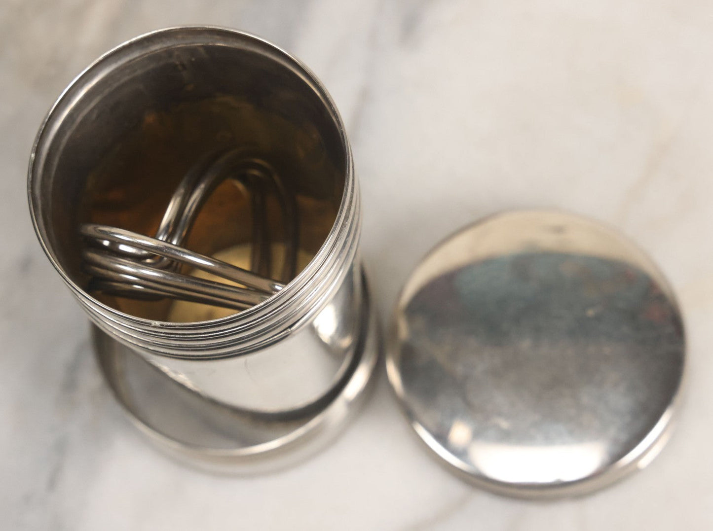 Lot 048 - Antique Thermos Brand Thermo Cup Set Of Four Plain Nickel Cups No. 79, With Original Box With Devil Graphics, Manufactured By The American Thermos Bottle Co., New York, Patented 1912, Complete Set