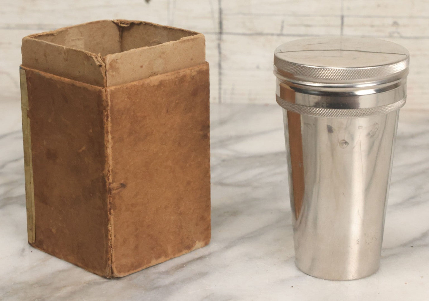 Lot 048 - Antique Thermos Brand Thermo Cup Set Of Four Plain Nickel Cups No. 79, With Original Box With Devil Graphics, Manufactured By The American Thermos Bottle Co., New York, Patented 1912, Complete Set