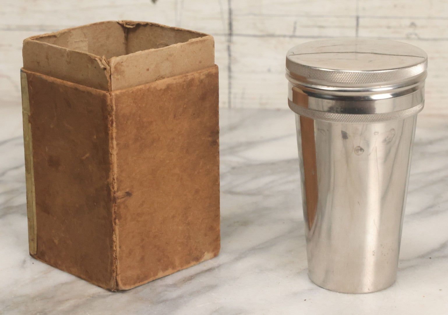 Lot 048 - Antique Thermos Brand Thermo Cup Set Of Four Plain Nickel Cups No. 79, With Original Box With Devil Graphics, Manufactured By The American Thermos Bottle Co., New York, Patented 1912, Complete Set