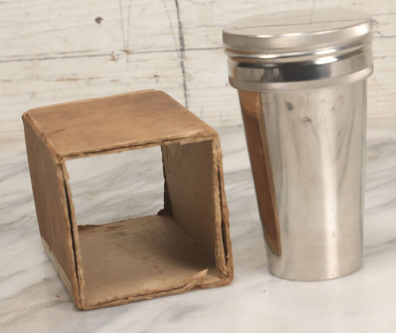 Lot 048 - Antique Thermos Brand Thermo Cup Set Of Four Plain Nickel Cups No. 79, With Original Box With Devil Graphics, Manufactured By The American Thermos Bottle Co., New York, Patented 1912, Complete Set