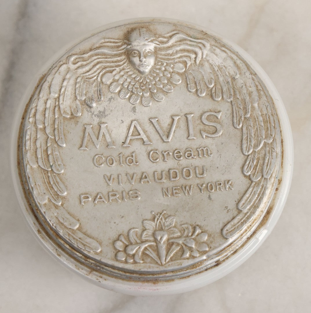 Lot 052 - Vintage Mavis Cold Cream Vivaudou Milk Glass Jar With Metal Art Deco Lid With Winged Woman Head, Paris And New York