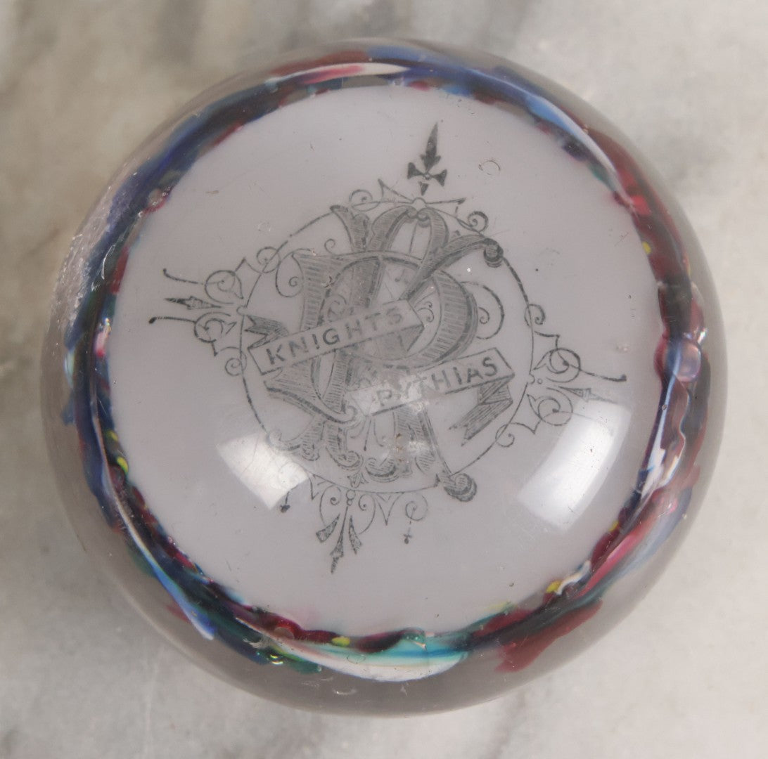 Lot 054 - Antique Knights Of Pythias Fraternal Order Hand Blown Glass Paper Weight With Colorful Swirls, Note Scuffs To Top