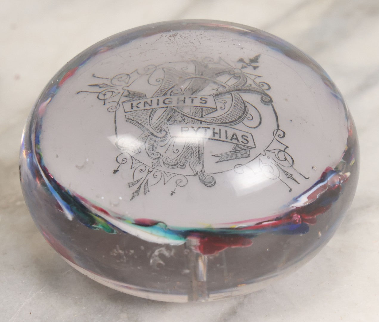 Lot 054 - Antique Knights Of Pythias Fraternal Order Hand Blown Glass Paper Weight With Colorful Swirls, Note Scuffs To Top