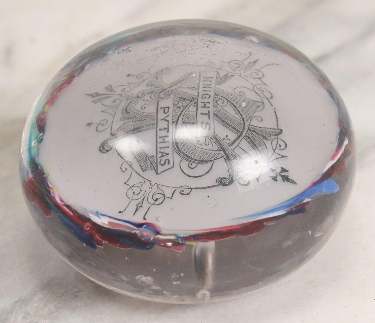 Lot 054 - Antique Knights Of Pythias Fraternal Order Hand Blown Glass Paper Weight With Colorful Swirls, Note Scuffs To Top
