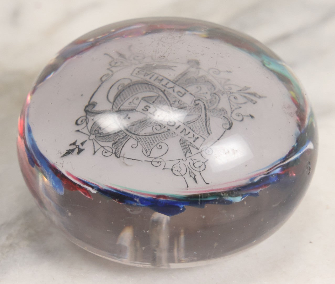 Lot 054 - Antique Knights Of Pythias Fraternal Order Hand Blown Glass Paper Weight With Colorful Swirls, Note Scuffs To Top