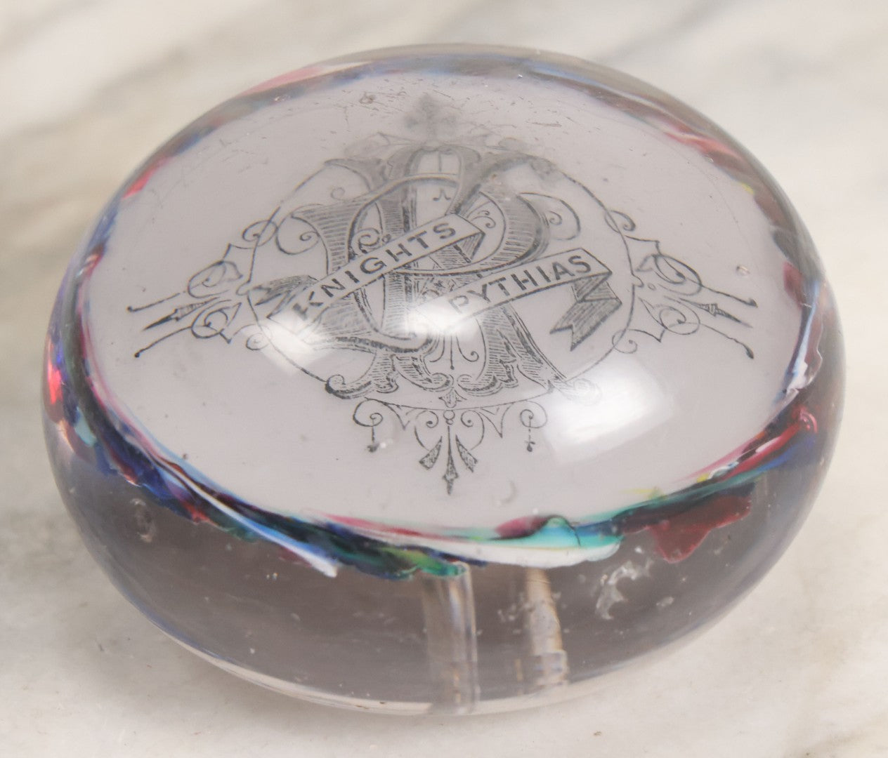 Lot 054 - Antique Knights Of Pythias Fraternal Order Hand Blown Glass Paper Weight With Colorful Swirls, Note Scuffs To Top