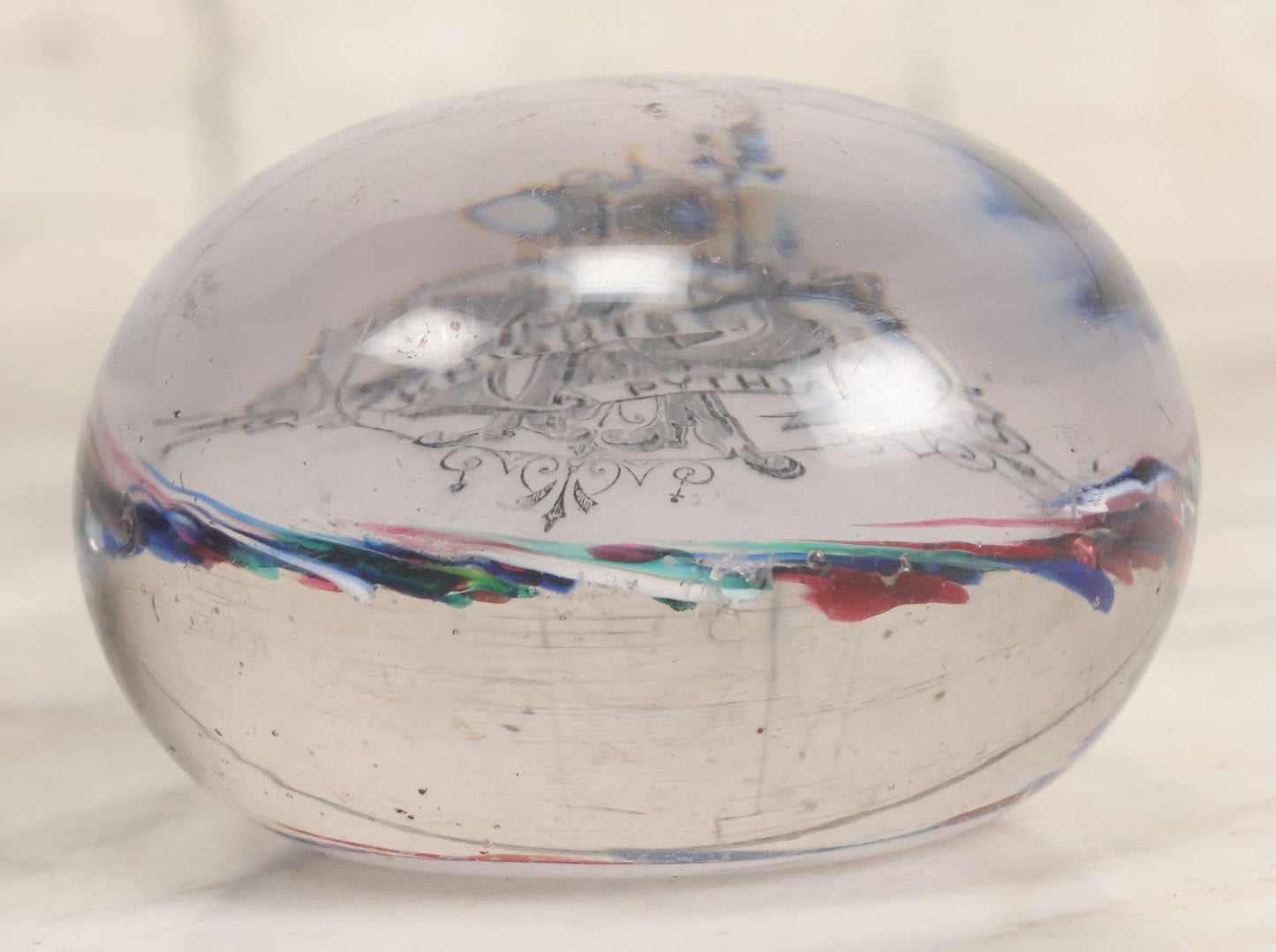 Lot 054 - Antique Knights Of Pythias Fraternal Order Hand Blown Glass Paper Weight With Colorful Swirls, Note Scuffs To Top