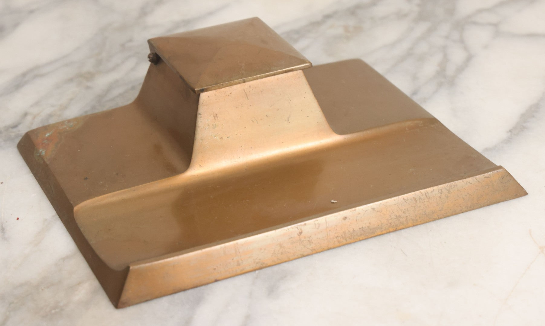 Lot 055 - Antique Art Deco Bronze Inkwell And Pen Rest With Original Glass Insert, Marked "Real Bronze," No. 1719