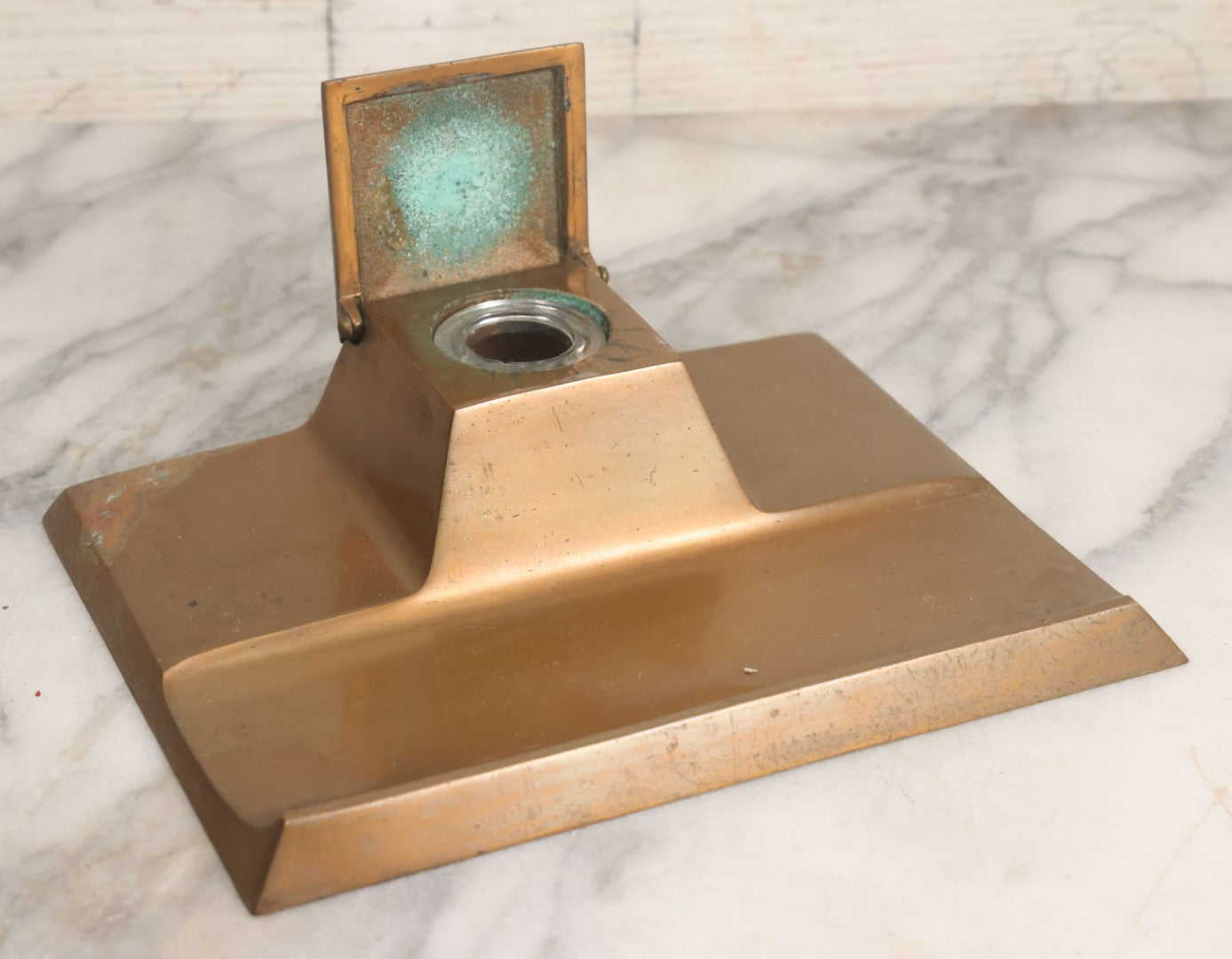 Lot 055 - Antique Art Deco Bronze Inkwell And Pen Rest With Original Glass Insert, Marked "Real Bronze," No. 1719
