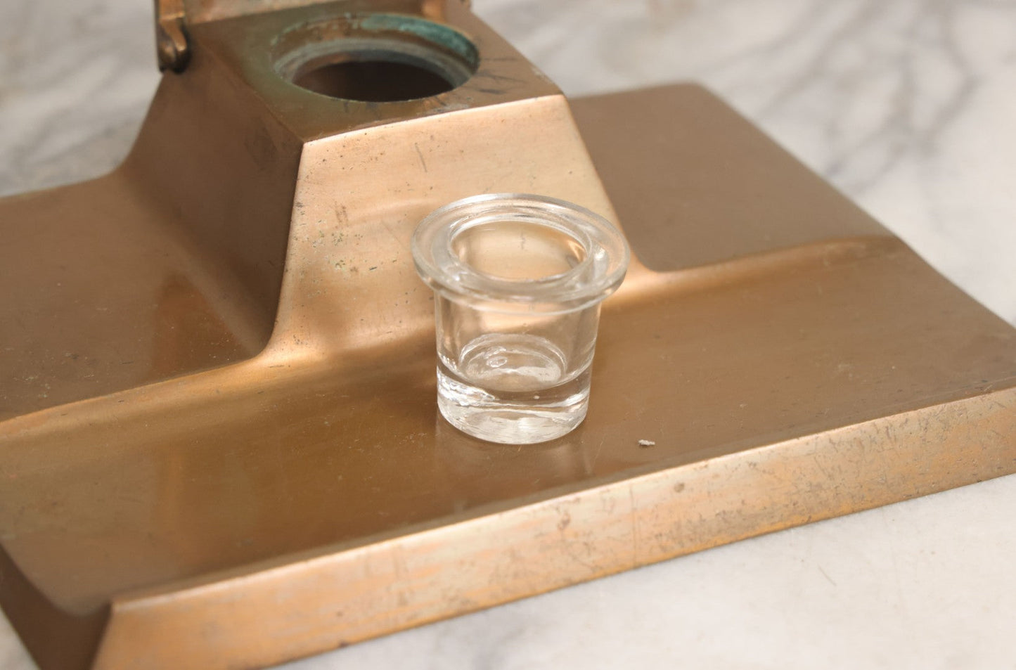 Lot 055 - Antique Art Deco Bronze Inkwell And Pen Rest With Original Glass Insert, Marked "Real Bronze," No. 1719