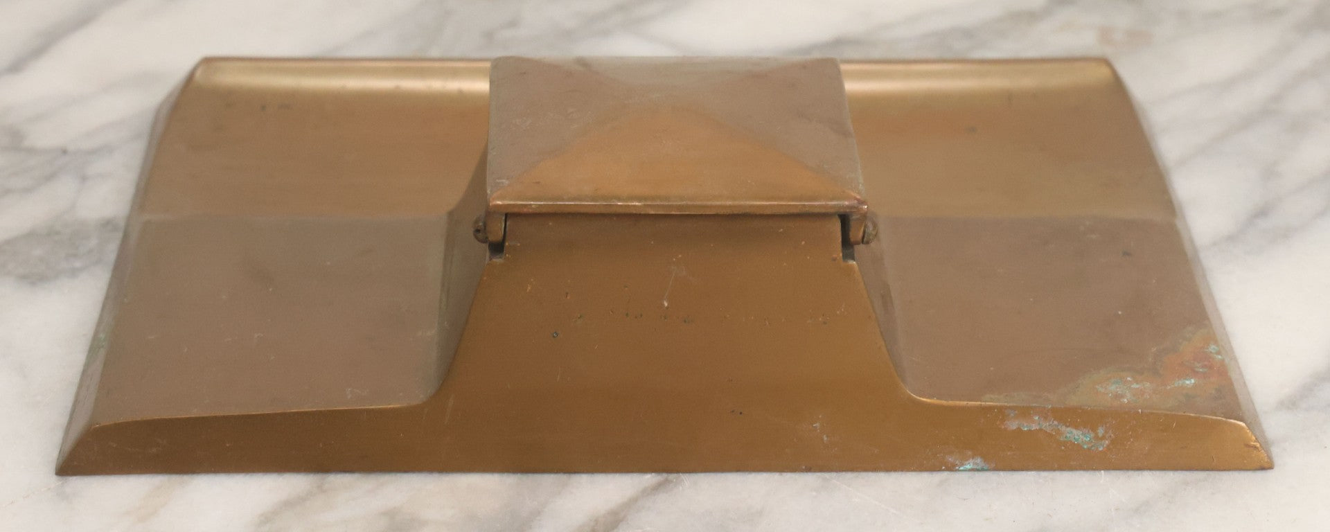 Lot 055 - Antique Art Deco Bronze Inkwell And Pen Rest With Original Glass Insert, Marked "Real Bronze," No. 1719