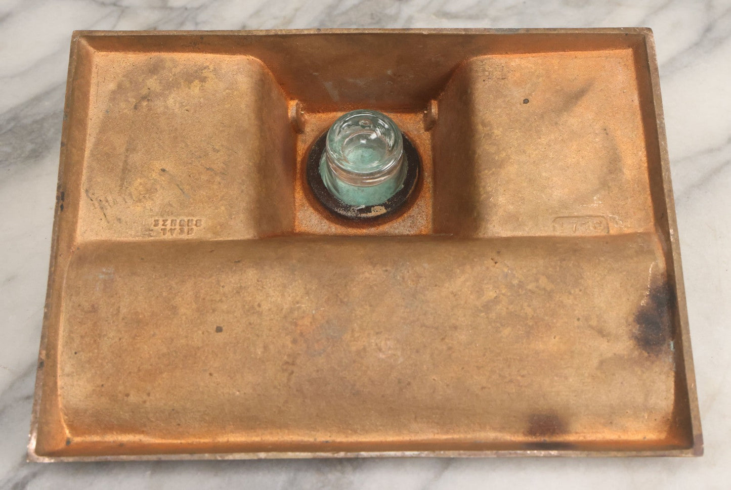 Lot 055 - Antique Art Deco Bronze Inkwell And Pen Rest With Original Glass Insert, Marked "Real Bronze," No. 1719
