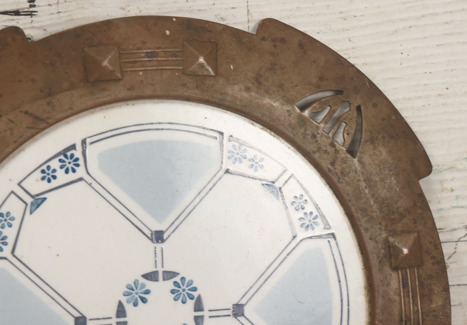 Lot 056 - Antique Art Deco Trivet With Porcelain Center And Pressed Copper Surround, Note Scuffs, Scratches
