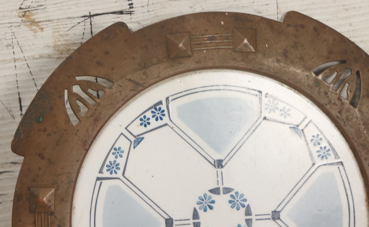 Lot 056 - Antique Art Deco Trivet With Porcelain Center And Pressed Copper Surround, Note Scuffs, Scratches
