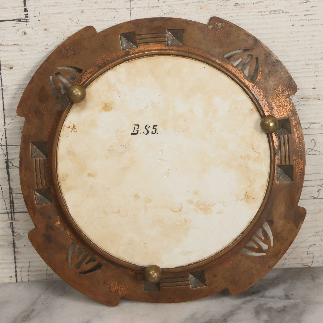 Lot 056 - Antique Art Deco Trivet With Porcelain Center And Pressed Copper Surround, Note Scuffs, Scratches