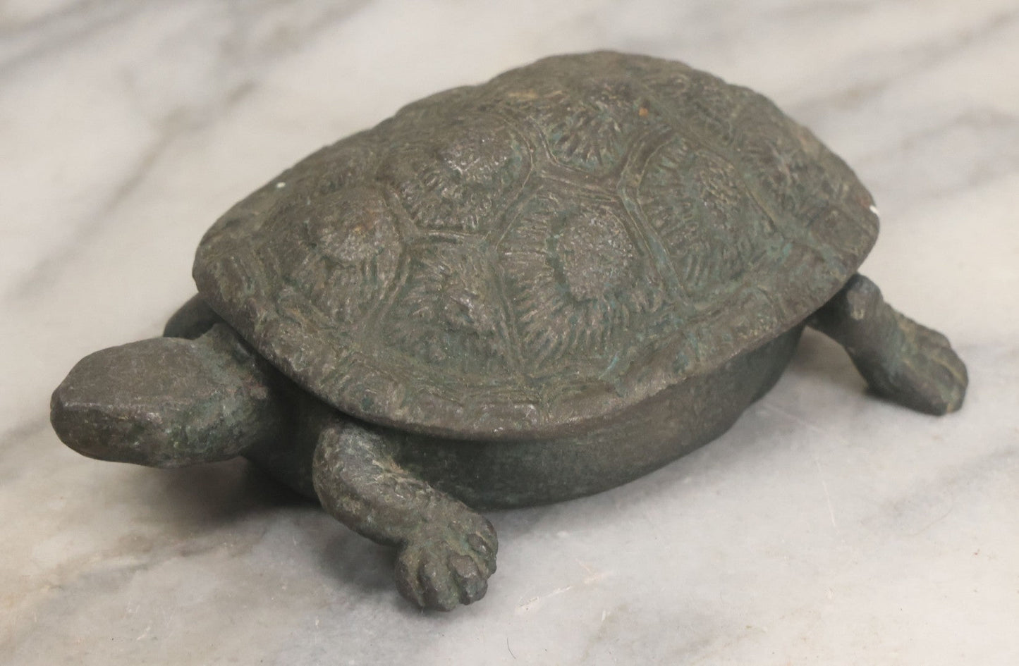 Lot 058 - Vintage Cast Metal Turtle Match Safe With Match Strike On Inside Of Shell, Note Hinge Broken Lid Lifts Off, As Found