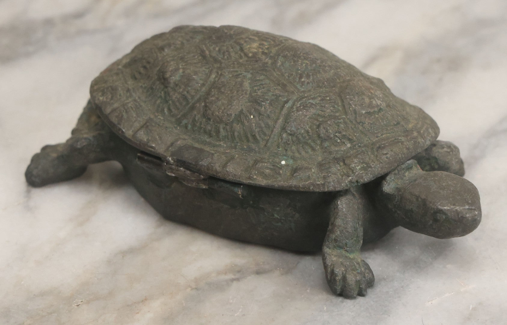 Lot 058 - Vintage Cast Metal Turtle Match Safe With Match Strike On Inside Of Shell, Note Hinge Broken Lid Lifts Off, As Found