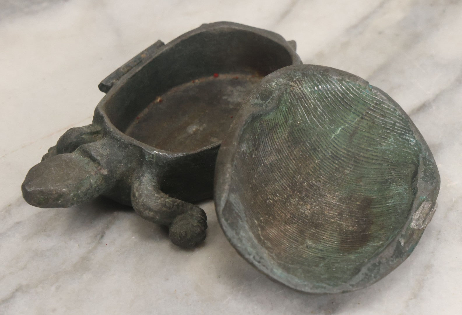 Lot 058 - Vintage Cast Metal Turtle Match Safe With Match Strike On Inside Of Shell, Note Hinge Broken Lid Lifts Off, As Found