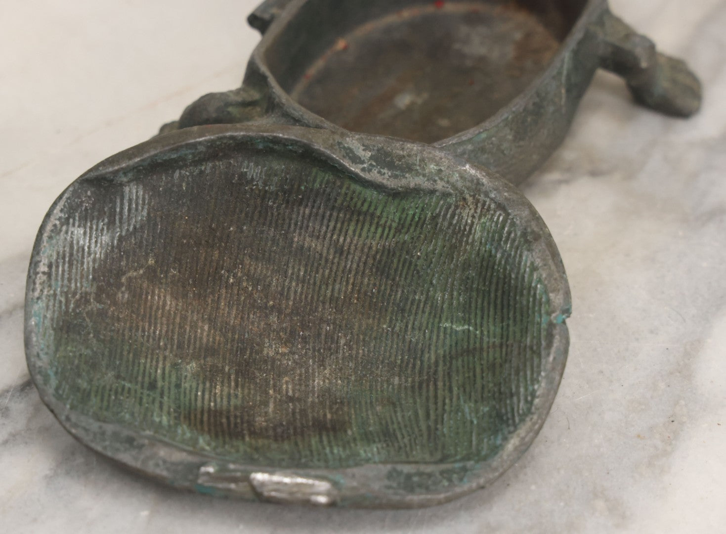 Lot 058 - Vintage Cast Metal Turtle Match Safe With Match Strike On Inside Of Shell, Note Hinge Broken Lid Lifts Off, As Found