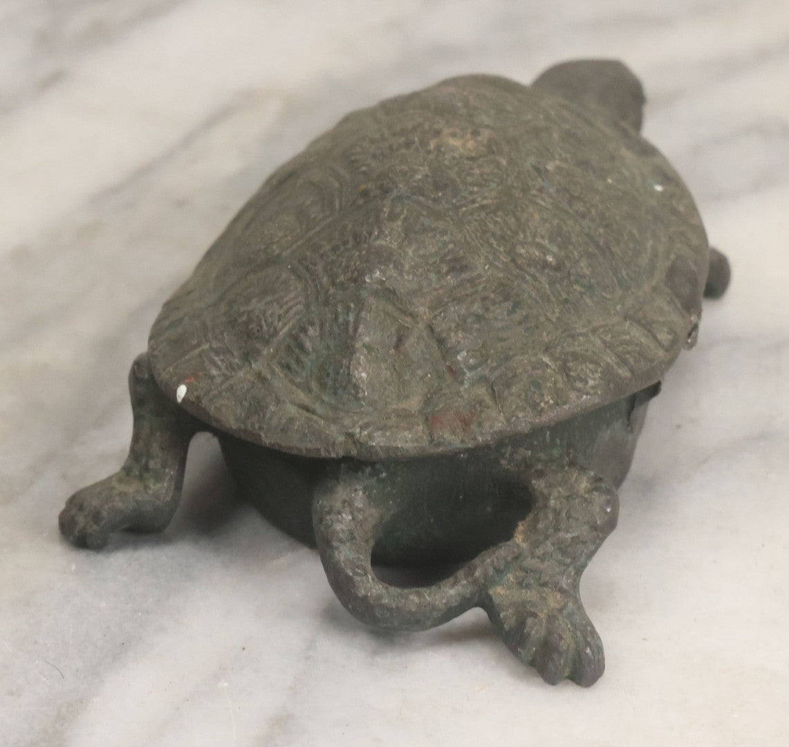 Lot 058 - Vintage Cast Metal Turtle Match Safe With Match Strike On Inside Of Shell, Note Hinge Broken Lid Lifts Off, As Found
