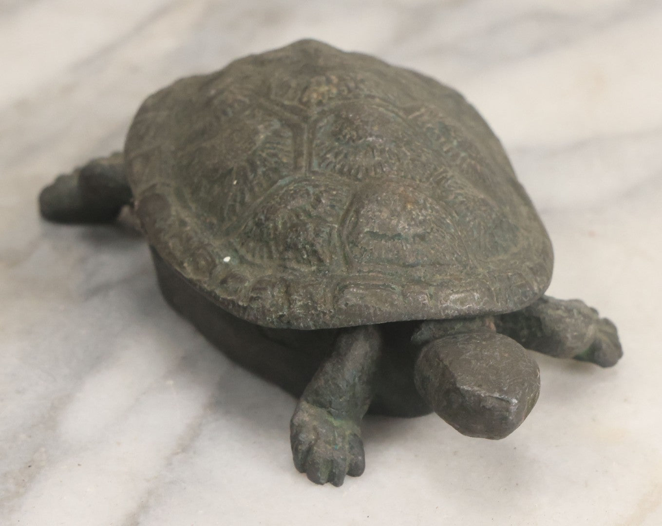 Lot 058 - Vintage Cast Metal Turtle Match Safe With Match Strike On Inside Of Shell, Note Hinge Broken Lid Lifts Off, As Found