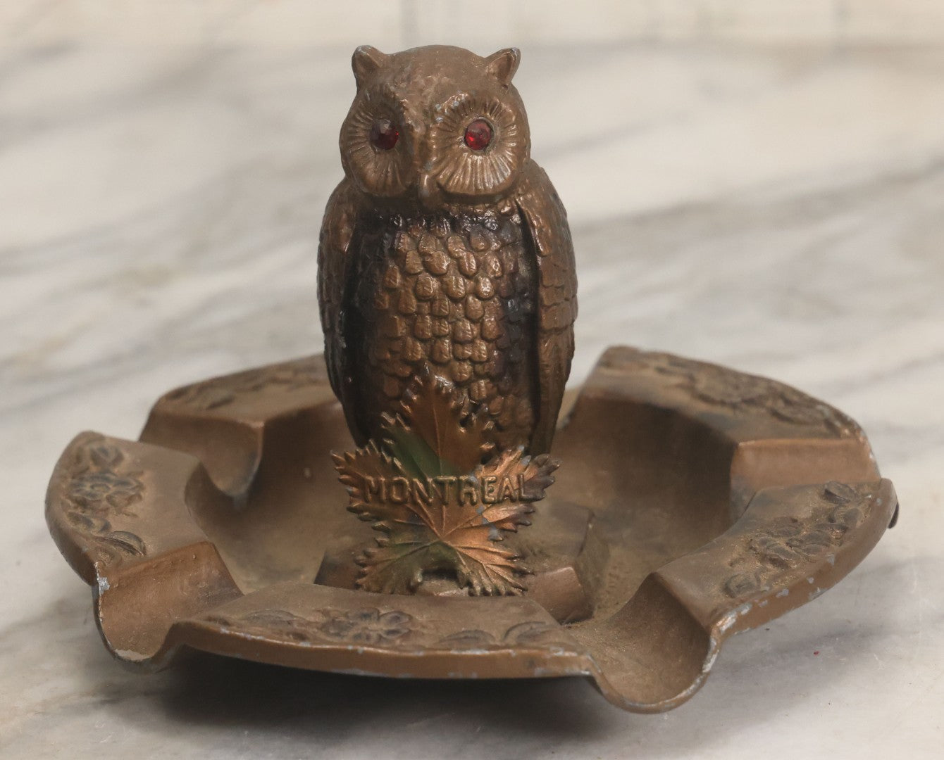 Lot 059 - Vintage Cast Pot Metal Ashtray With Owl With Red Gem Eyes, Souvenir Of Montreal Canada, With Montreal Maple Leaf, Bronze Paint