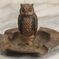 Lot 059 - Vintage Cast Pot Metal Ashtray With Owl With Red Gem Eyes, Souvenir Of Montreal Canada, With Montreal Maple Leaf, Bronze Paint