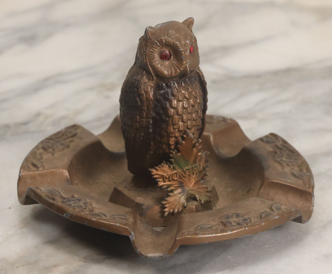 Lot 059 - Vintage Cast Pot Metal Ashtray With Owl With Red Gem Eyes, Souvenir Of Montreal Canada, With Montreal Maple Leaf, Bronze Paint
