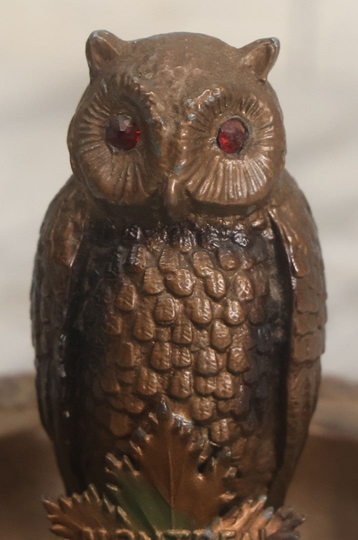 Lot 059 - Vintage Cast Pot Metal Ashtray With Owl With Red Gem Eyes, Souvenir Of Montreal Canada, With Montreal Maple Leaf, Bronze Paint