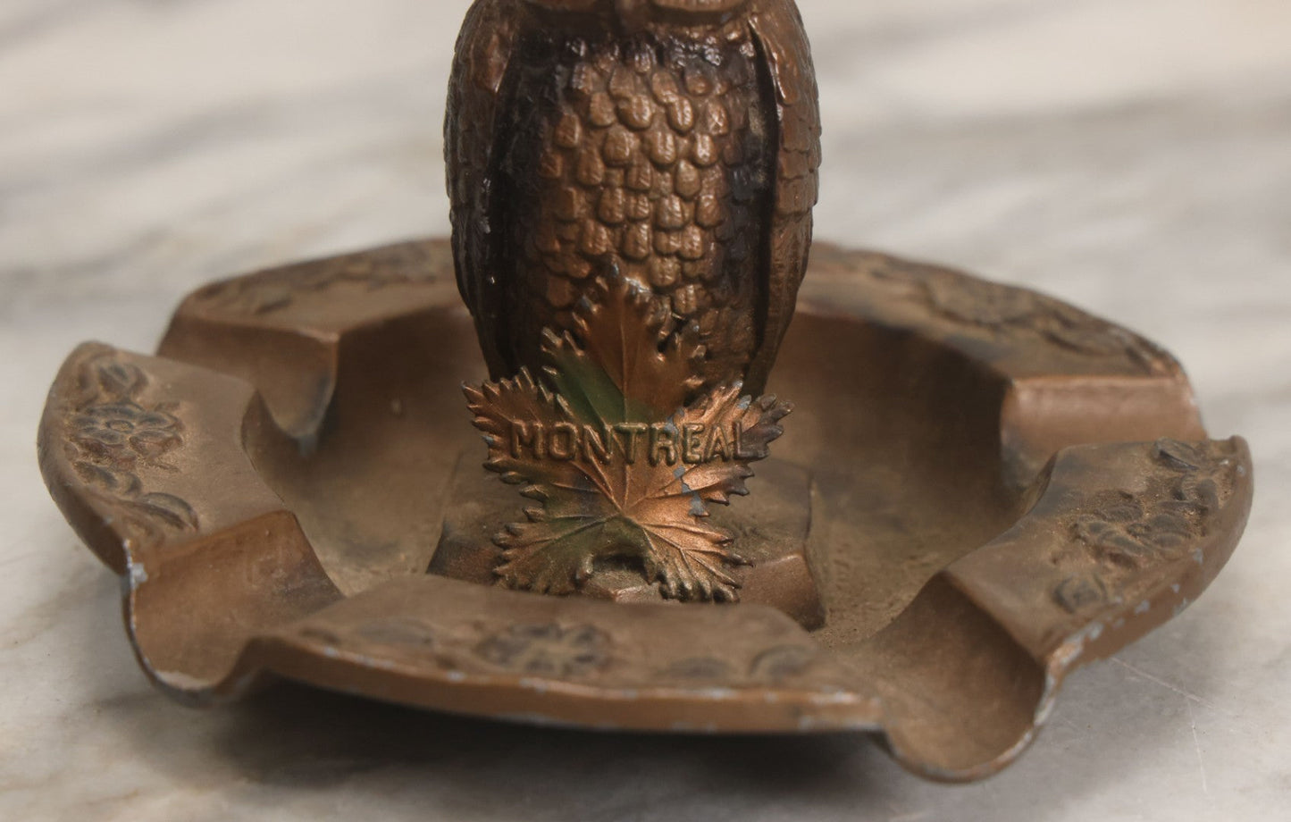 Lot 059 - Vintage Cast Pot Metal Ashtray With Owl With Red Gem Eyes, Souvenir Of Montreal Canada, With Montreal Maple Leaf, Bronze Paint