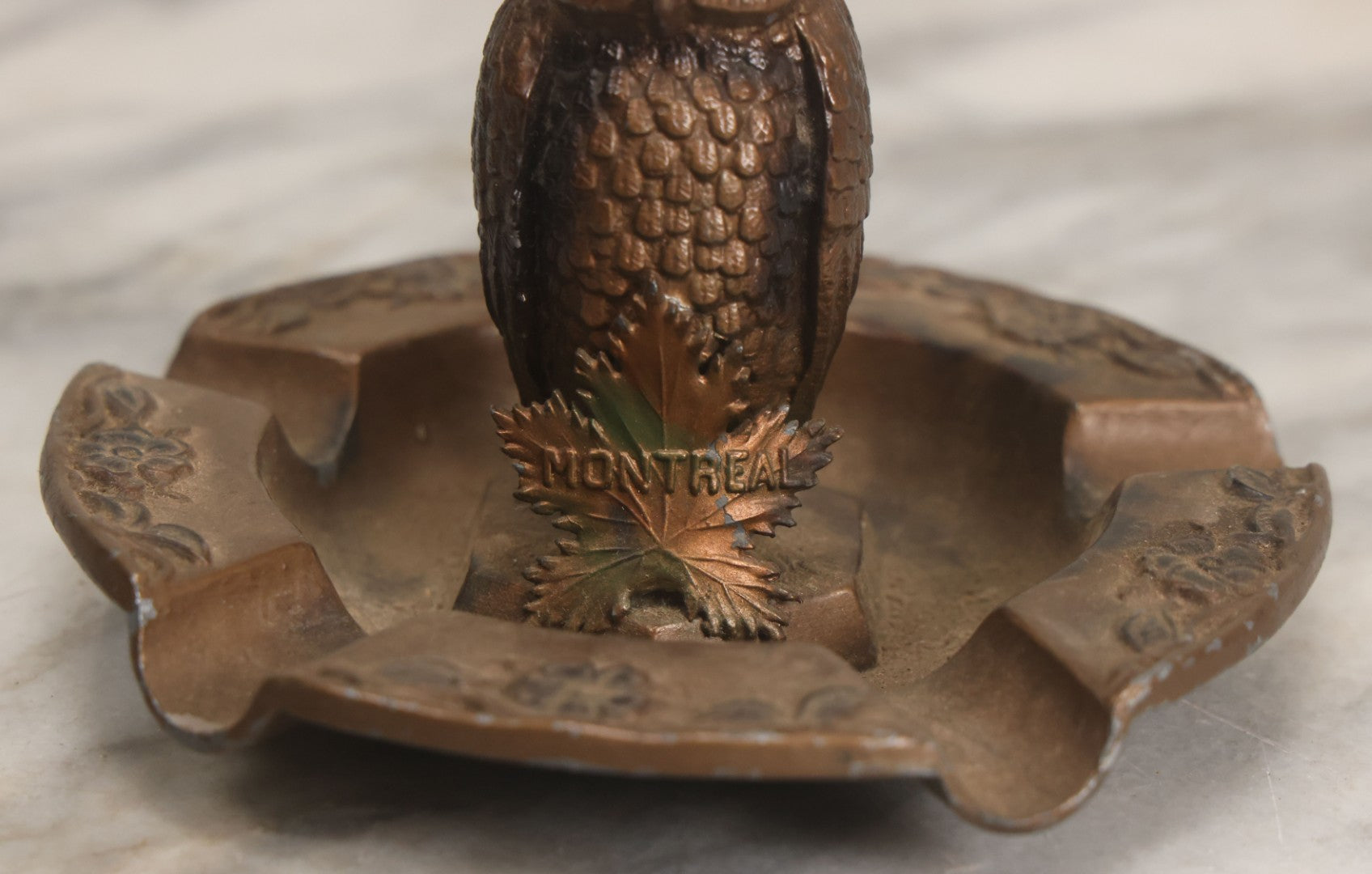 Lot 059 - Vintage Cast Pot Metal Ashtray With Owl With Red Gem Eyes, Souvenir Of Montreal Canada, With Montreal Maple Leaf, Bronze Paint