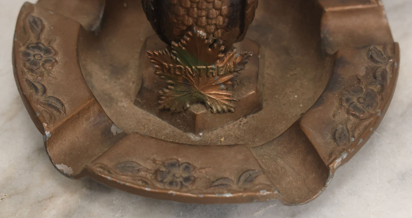 Lot 059 - Vintage Cast Pot Metal Ashtray With Owl With Red Gem Eyes, Souvenir Of Montreal Canada, With Montreal Maple Leaf, Bronze Paint