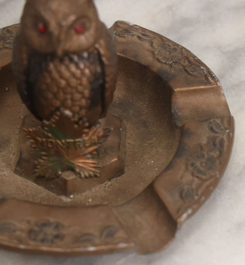 Lot 059 - Vintage Cast Pot Metal Ashtray With Owl With Red Gem Eyes, Souvenir Of Montreal Canada, With Montreal Maple Leaf, Bronze Paint