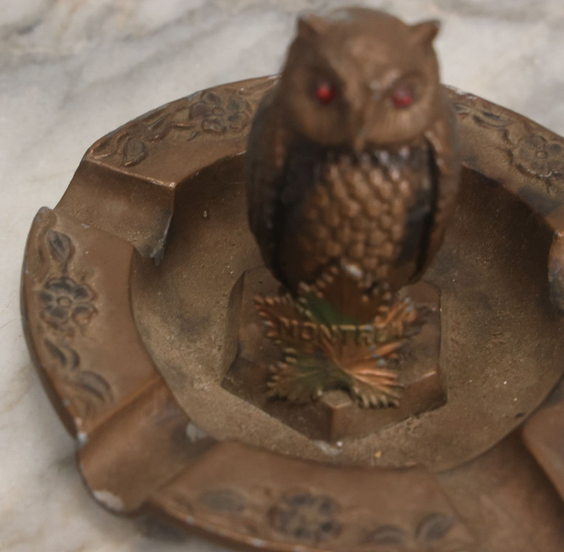 Lot 059 - Vintage Cast Pot Metal Ashtray With Owl With Red Gem Eyes, Souvenir Of Montreal Canada, With Montreal Maple Leaf, Bronze Paint