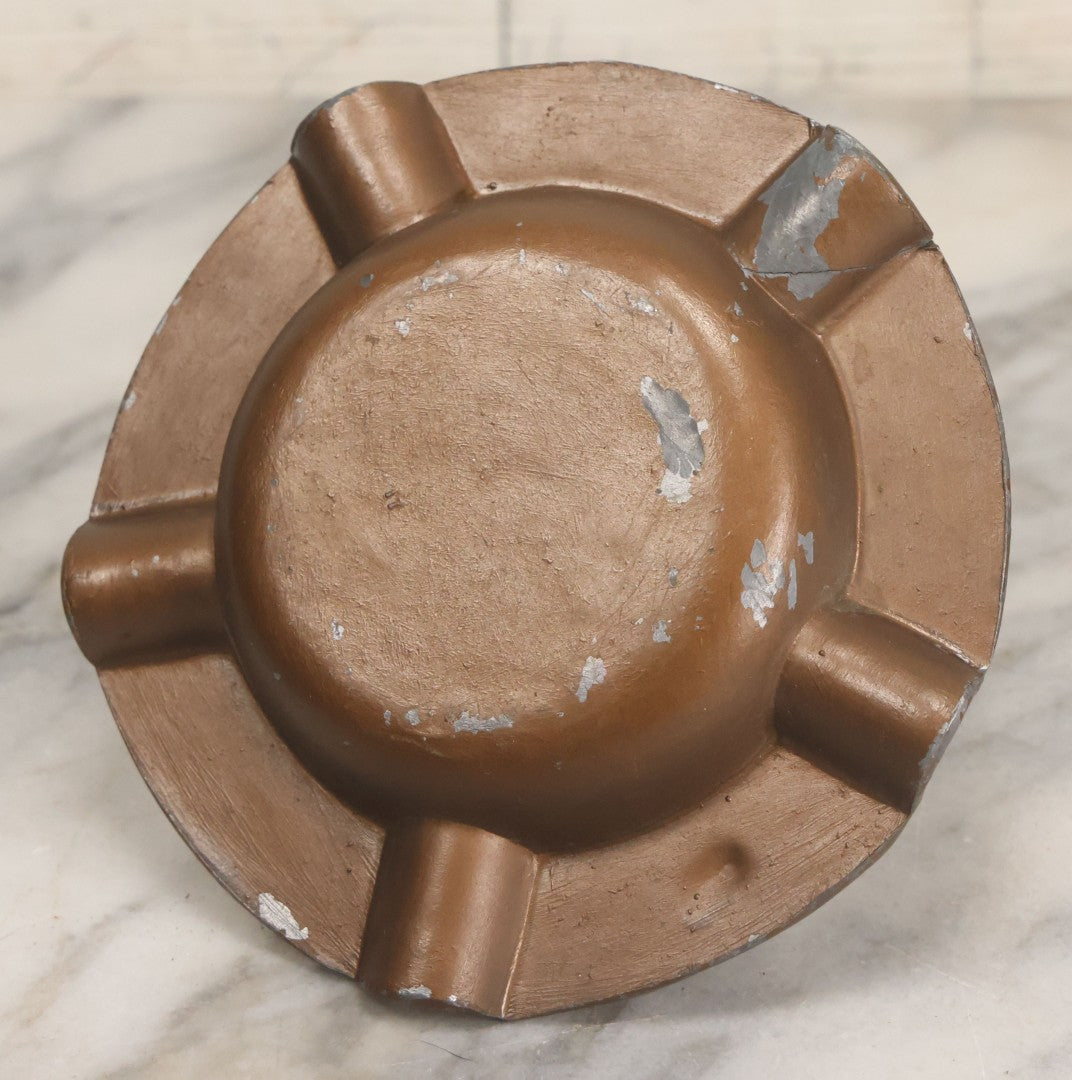 Lot 059 - Vintage Cast Pot Metal Ashtray With Owl With Red Gem Eyes, Souvenir Of Montreal Canada, With Montreal Maple Leaf, Bronze Paint