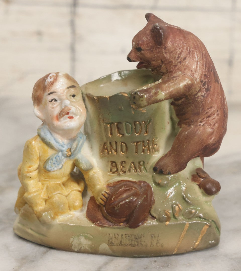 Lot 060 - Antique "Teddy And The Bear" Teddy Roosevelt Porcelain Toothpick Holder, Souvenir Of Reading, Pennsylvania, Made In Germany, No. 3573, With Handwritten Paper Label On Bottom