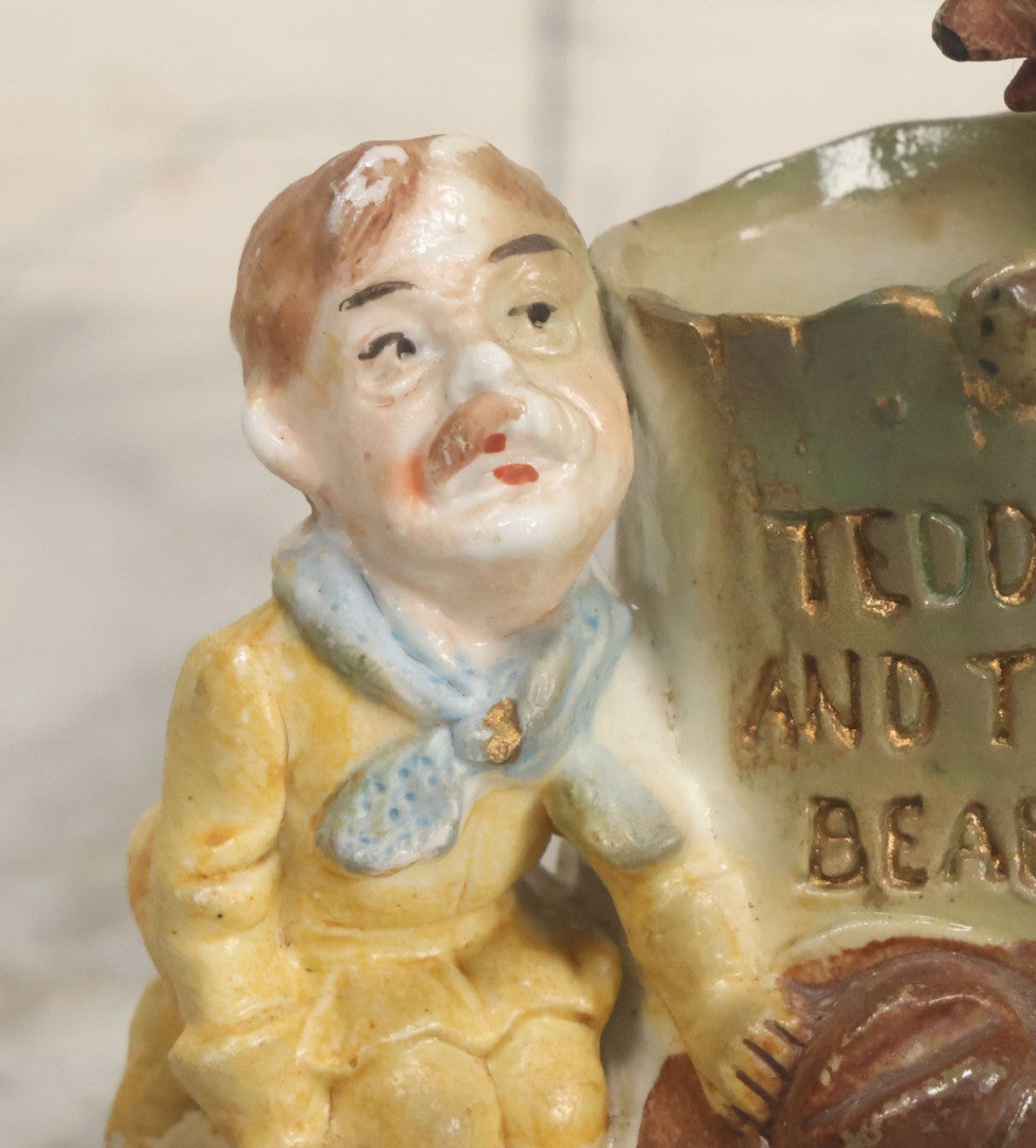 Lot 060 - Antique "Teddy And The Bear" Teddy Roosevelt Porcelain Toothpick Holder, Souvenir Of Reading, Pennsylvania, Made In Germany, No. 3573, With Handwritten Paper Label On Bottom