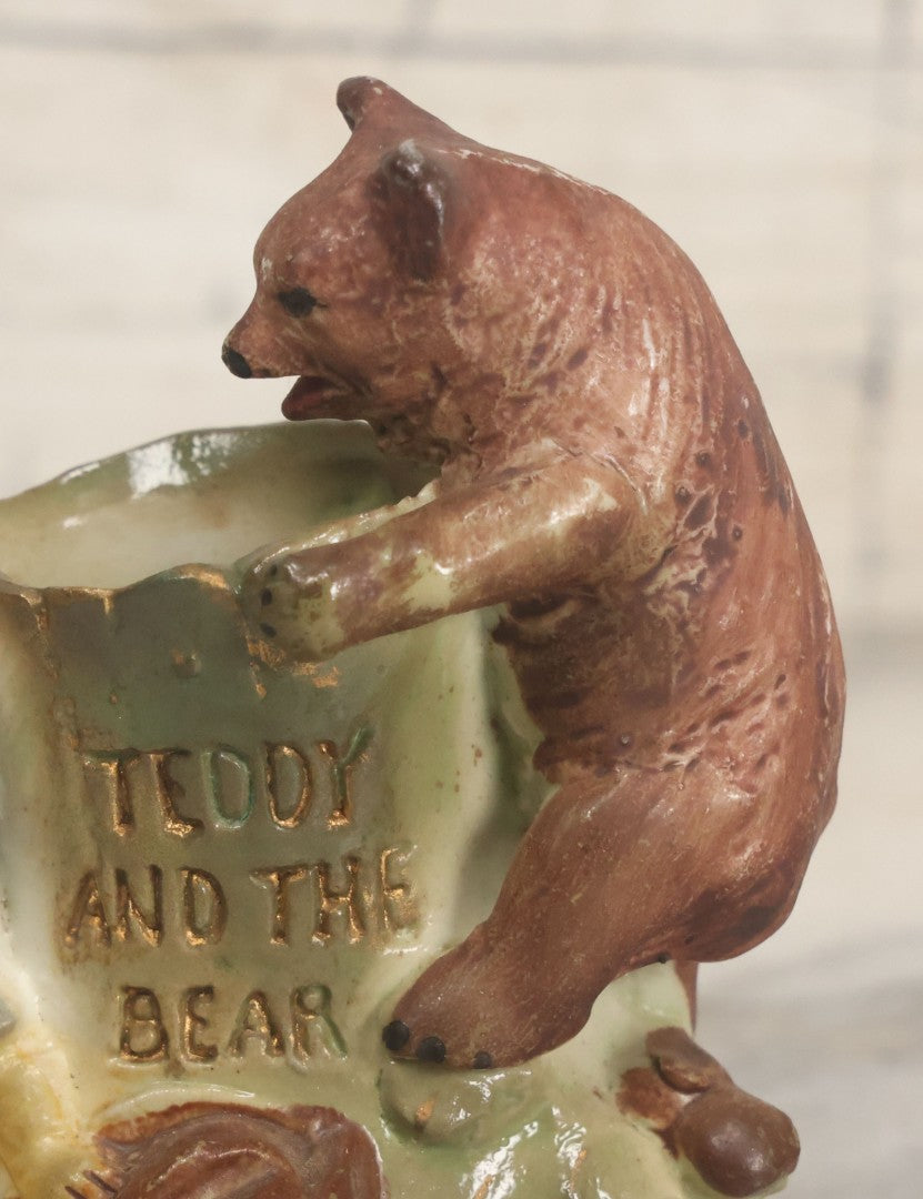 Lot 060 - Antique "Teddy And The Bear" Teddy Roosevelt Porcelain Toothpick Holder, Souvenir Of Reading, Pennsylvania, Made In Germany, No. 3573, With Handwritten Paper Label On Bottom