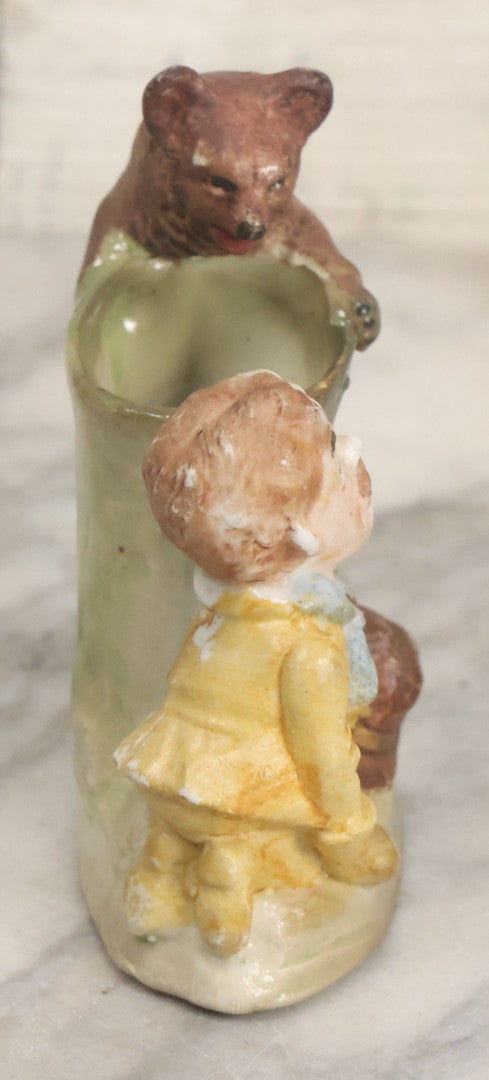 Lot 060 - Antique "Teddy And The Bear" Teddy Roosevelt Porcelain Toothpick Holder, Souvenir Of Reading, Pennsylvania, Made In Germany, No. 3573, With Handwritten Paper Label On Bottom