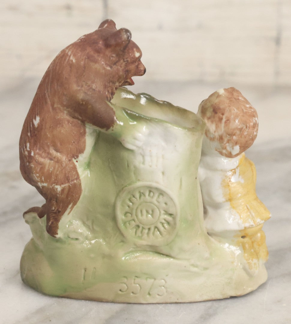 Lot 060 - Antique "Teddy And The Bear" Teddy Roosevelt Porcelain Toothpick Holder, Souvenir Of Reading, Pennsylvania, Made In Germany, No. 3573, With Handwritten Paper Label On Bottom