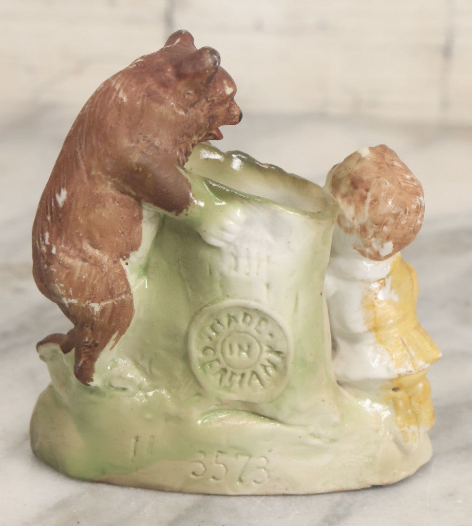 Lot 060 - Antique "Teddy And The Bear" Teddy Roosevelt Porcelain Toothpick Holder, Souvenir Of Reading, Pennsylvania, Made In Germany, No. 3573, With Handwritten Paper Label On Bottom