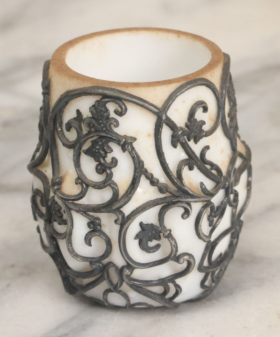 Lot 061 - Antique Milk Glass Toothpick Holder With Fancy Metal Cage Overlay, Including Paper Note, "A Small Expression Of Thanks" From Ethel To Rose, As Found