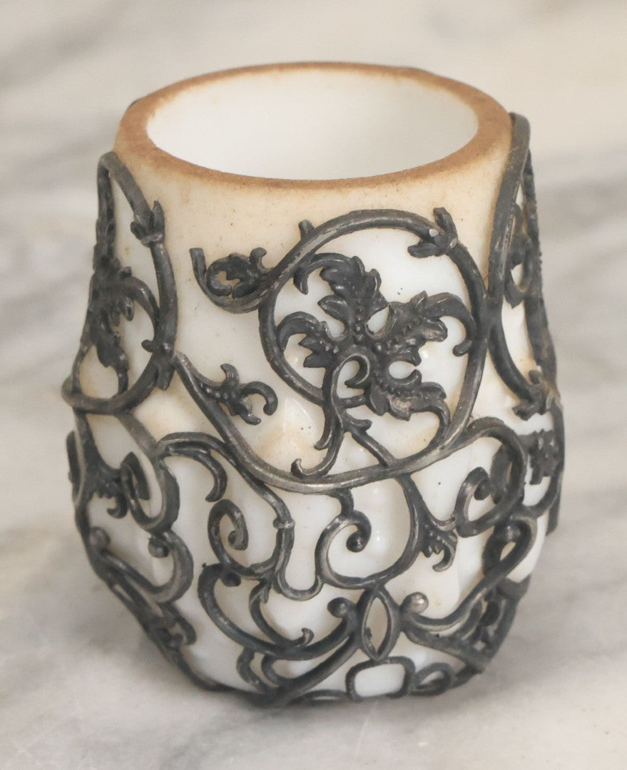 Lot 061 - Antique Milk Glass Toothpick Holder With Fancy Metal Cage Overlay, Including Paper Note, "A Small Expression Of Thanks" From Ethel To Rose, As Found